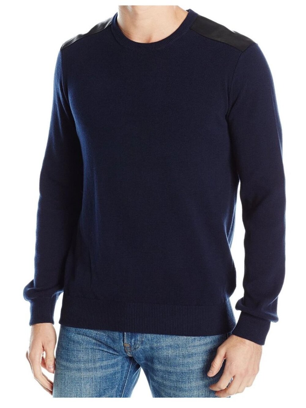 Kenneth Cole Reaction Men's Mixed Media Crewneck Pullover Sweater, Indigo, Large